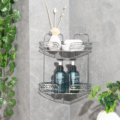 kopen Chroom afgewerkte hoek douche caddy met 2 niveaus badkamer ijzeren rek Muur gemonteerd type online vervaardiging