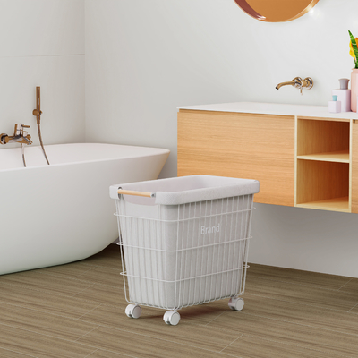 kopen Home Rectangle Iron Metal Wire Wasmand met bamboe handvat en wielen online vervaardiging