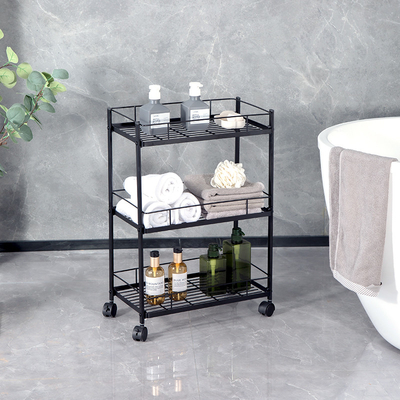kopen 3 Tier Rolling Utility Cart met wielen Multifunctionele metalen opslagwagen organisator Verstelbare trolley cart met handvat online vervaardiging
