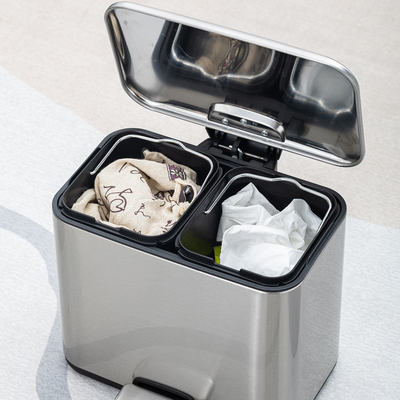 kopen 2 compartiment Huishoudelijk badkamer roestvrij staal pedaalbak vuilnisbak 3L*2 Recycle vuilnisbak voor binnenruimten en recycling online vervaardiging