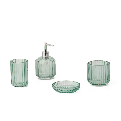 kopen Verticale streep Stijl Glas Zeep Foam Dispenser Tandborstel Houder Badkamer Accessoires Set online vervaardiging