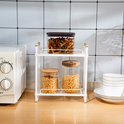 Keukenorganisator 2 Tier Multifunctionele Compacte Keukenorganisator Spice Rack Hout Handle Metalen Keukenopslag Rack
