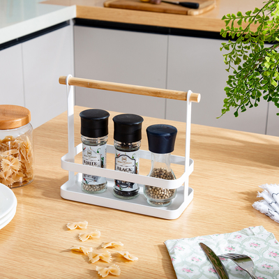 Keukenorganisator Keuken Draagbare Staal Tafelplank Spice Rack Draadmanden Met Houten Handvat Kruidenorganisator