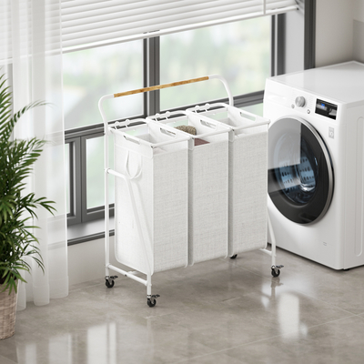 Metalen draad wasmand met bamboe handvat en wielen 3 divisie grote capaciteit KD structuur wasmand