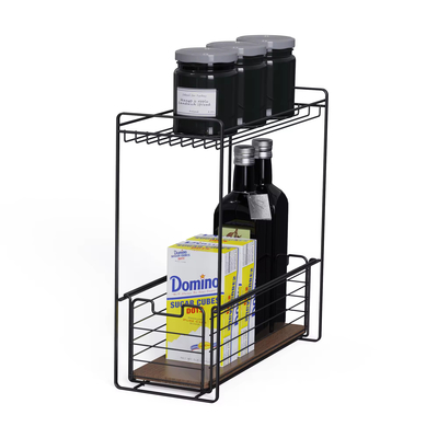 2 Tiers Houten Element Mdf Huishoudelijk Multifunctionele Metalen Onder Kookbak Keuken Organisator