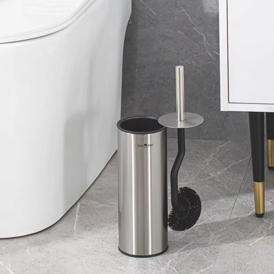 Zilveren gebogen ontwerp toilet reinigingsborstel met houder roestvrij staal OEM aanvaardbaar